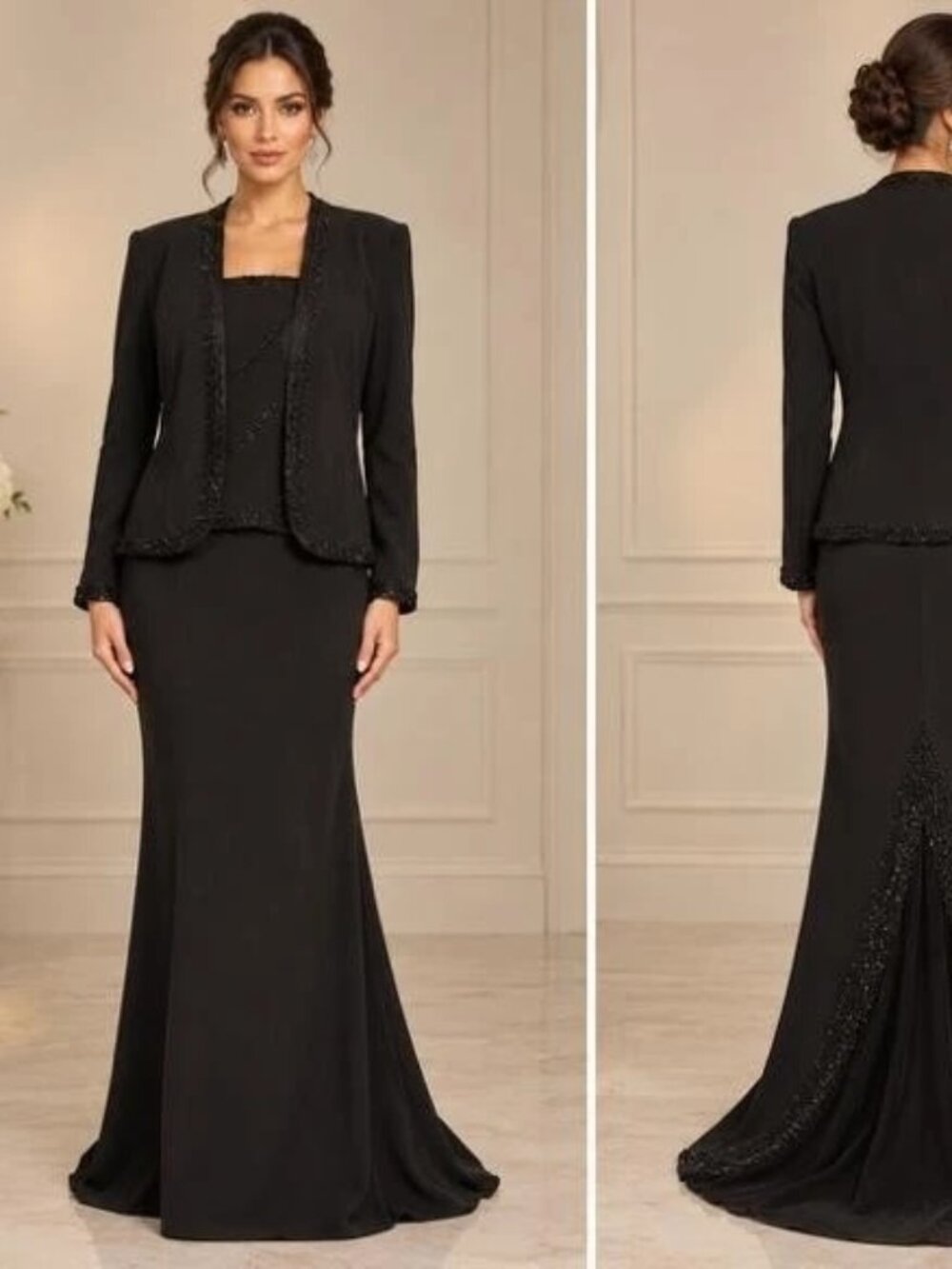 Montage By Mon Cheri Black Beaded 2 Piece Gown With Jacket